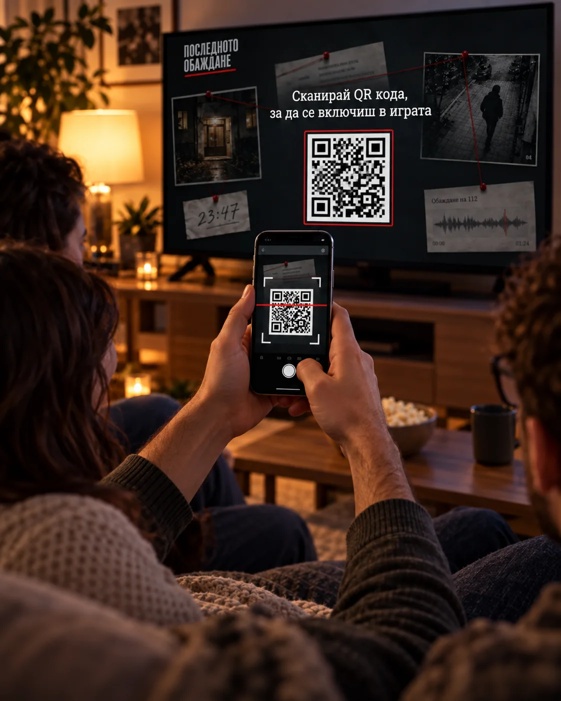 Играч сканира QR кода от телевизора със своя телефон